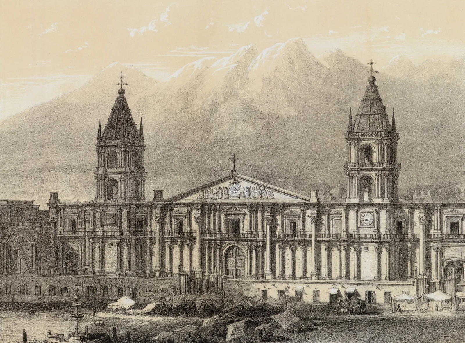 Die Kathedrale von Arequipa vor dem Vulkan Misti, Lithografie von 1864