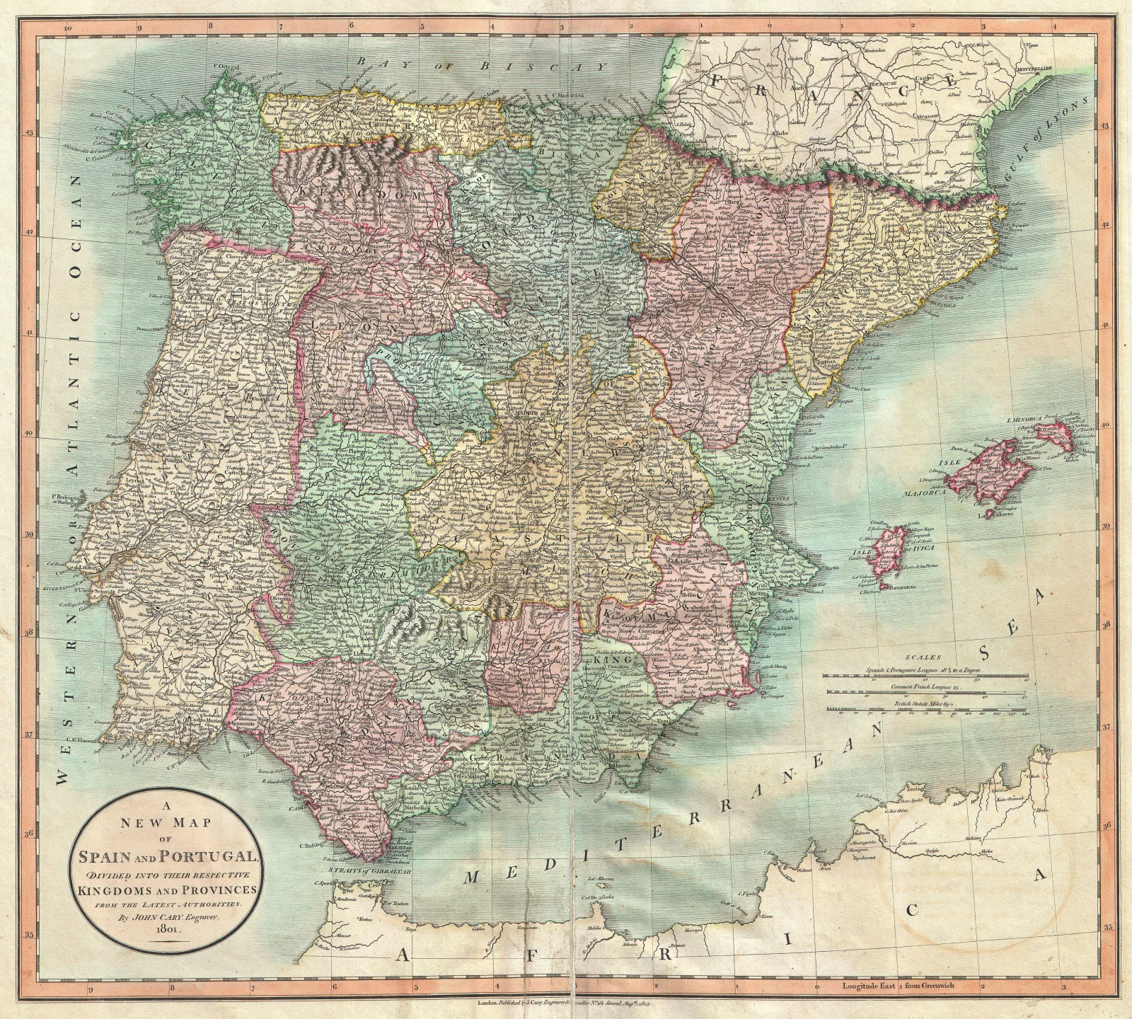 Kupferstichkarte von Spanien und Portugal mit der Insel Menorca, gezeichnet von John Cary