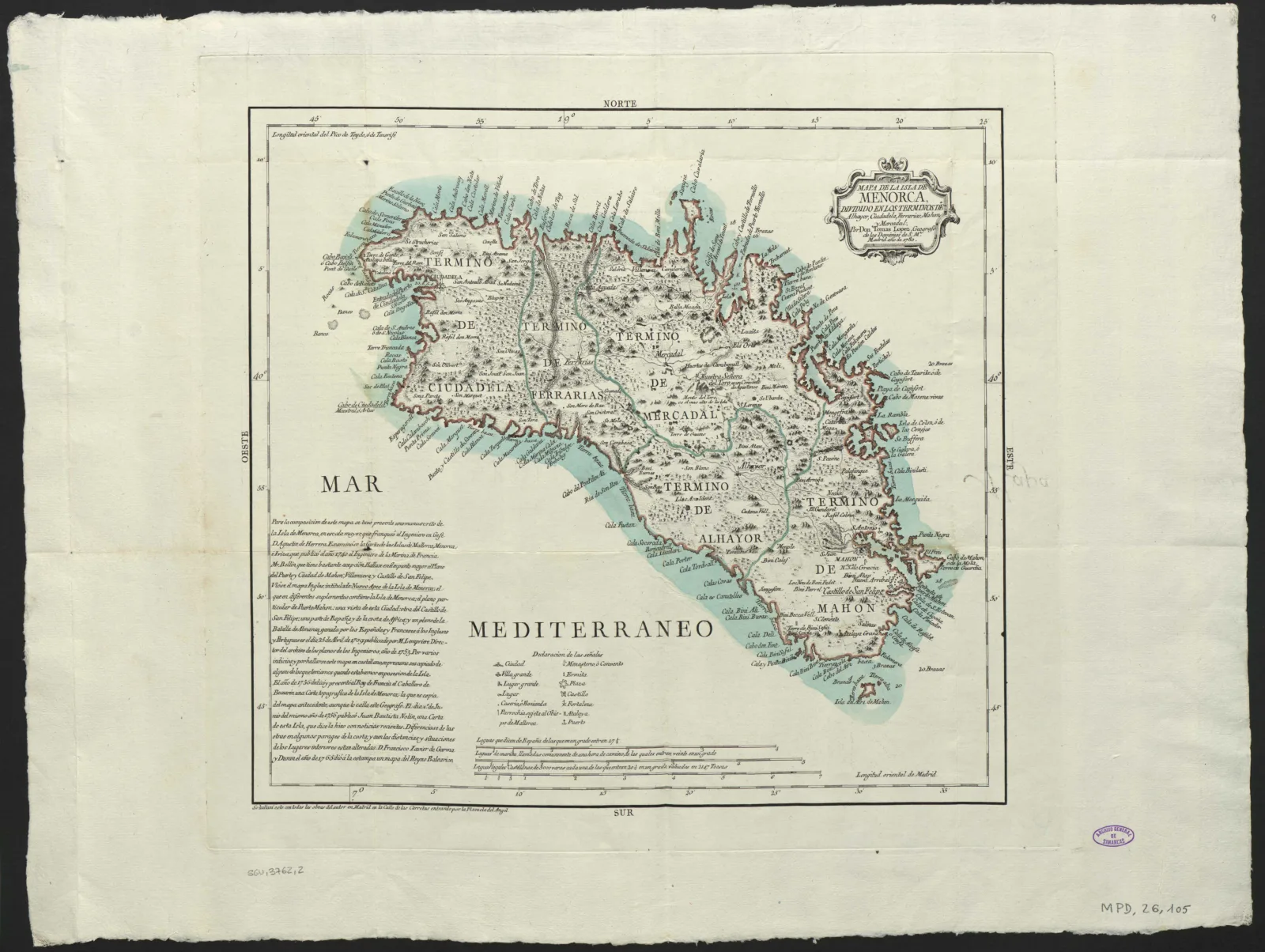 Plan der Insel Menorca mit den fünf Verwaltungsbezirken und den Buchten der Südküste, Kupferstich von Tomás López