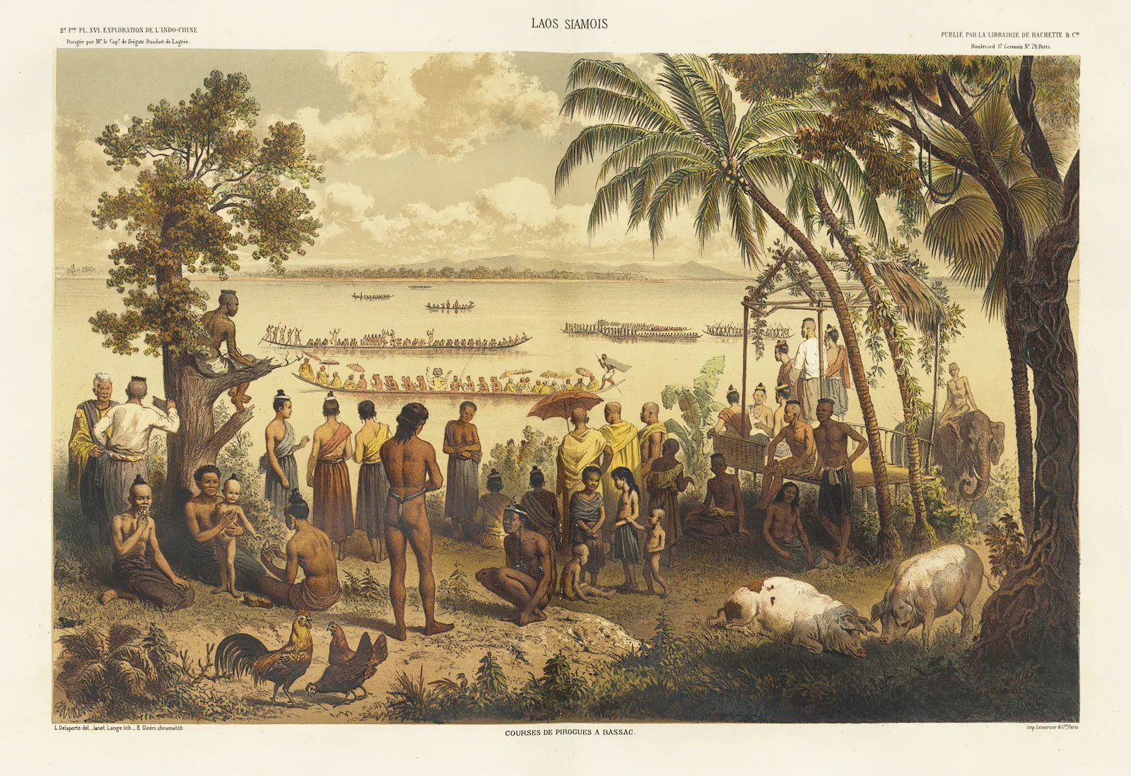 Pirogenrennen auf dem Mekong bei Bassac, Kupferstich nach einer Skizze von Louis Delaporte aus der Mekong-Expedition