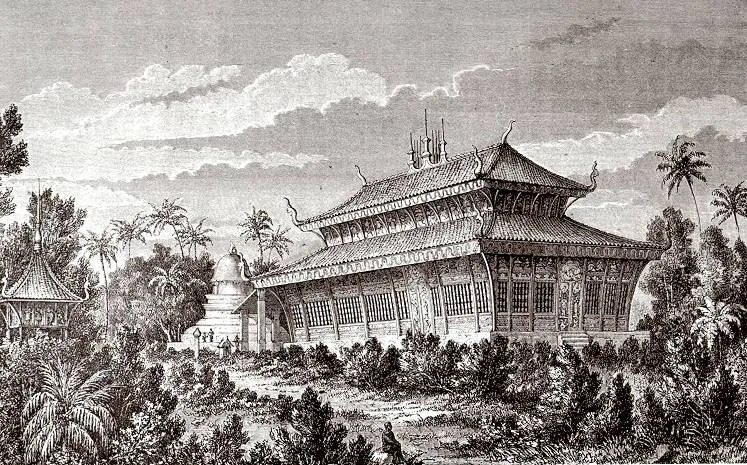 Der Tempel Wat Visoun in Luang Prabang, Zeichnung von Louis Delaporte aus der Mekong-Expedition