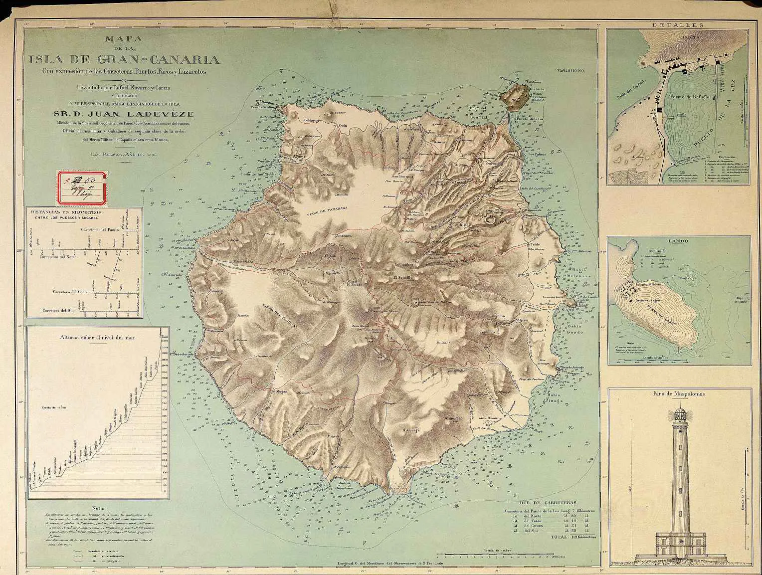 Alte Karte von Gran Canaria von 1895 mit dem Leuchtturm von Maspalomas als Einzeichnung