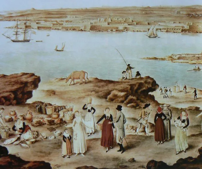 Ansicht des Hafens von Maó mit der Festung La Mola, Zeichnung von Giuseppe Chiesa