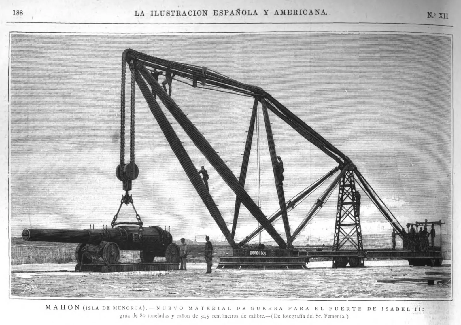 Hafenarbeiter entladen eine Krupp-Kanone am Kai von Mahón, Kupferstich von 1885 nach einer Fotografie von D. Juan Femenía