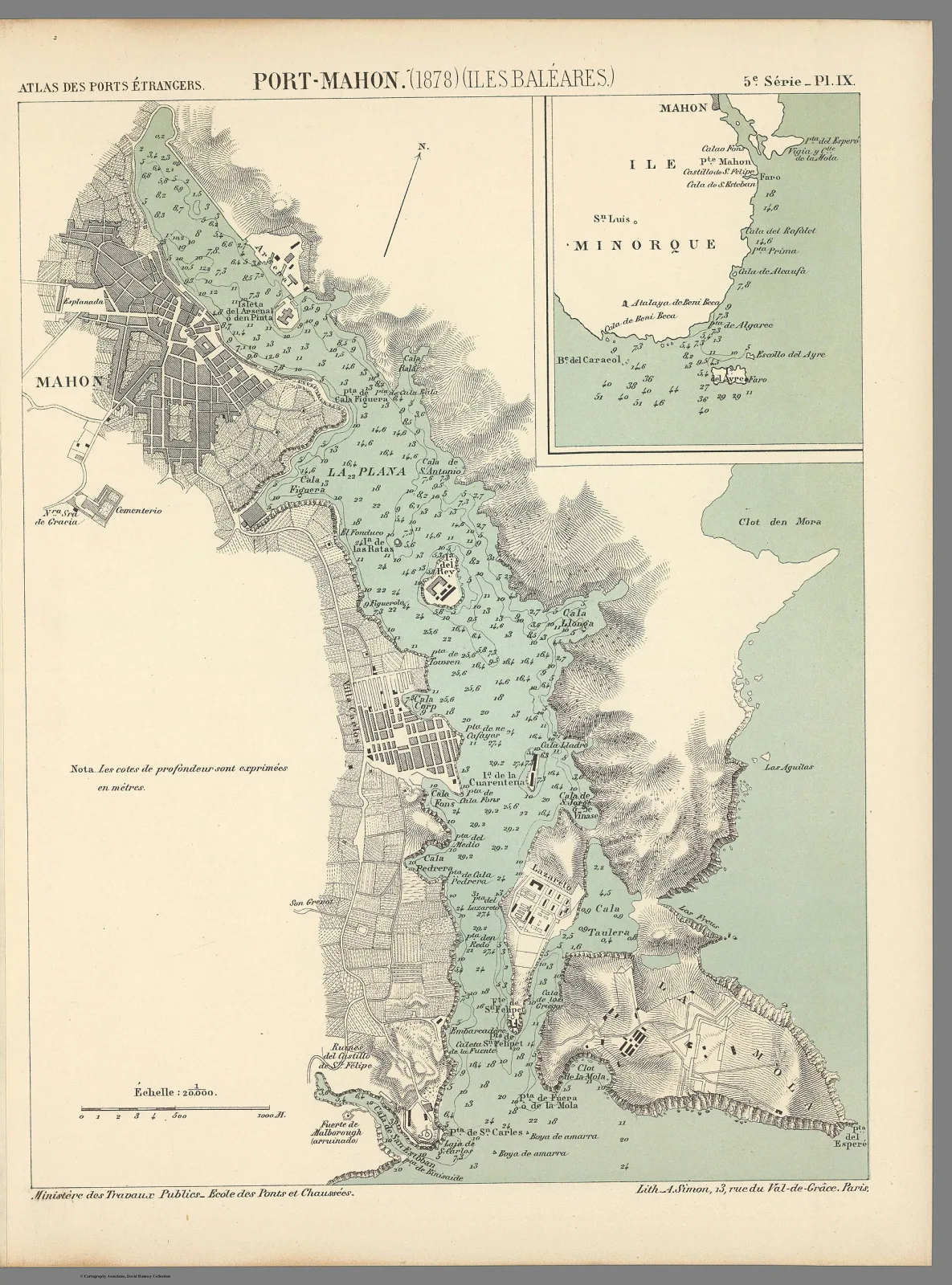 Historische Seekarte des Hafens von Port-Mahon aus dem Jahr 1878, Lithografie von A. Simon