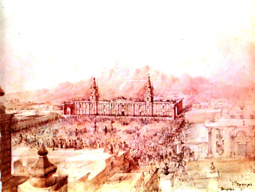 Historische Ansicht der Plaza de Armas von Arequipa mit der Kathedrale und dem schneebedeckten Vulkan Misti im Hintergrund, Gemälde von 1855