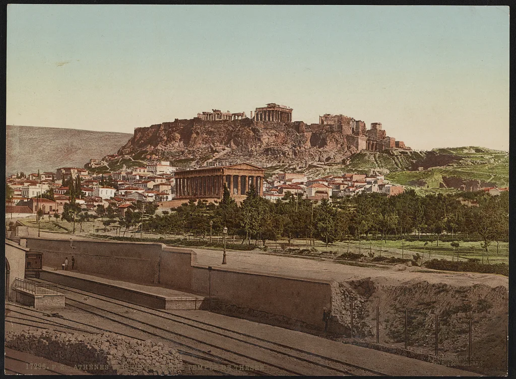 Photochrom der Akropolis und des Theseions in Athen in warmem Licht